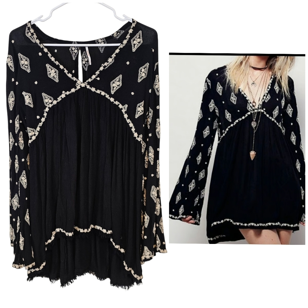 Free People Diamond Embroidered Bell Sleeve Tunic Mini Dress Swing Keyhole